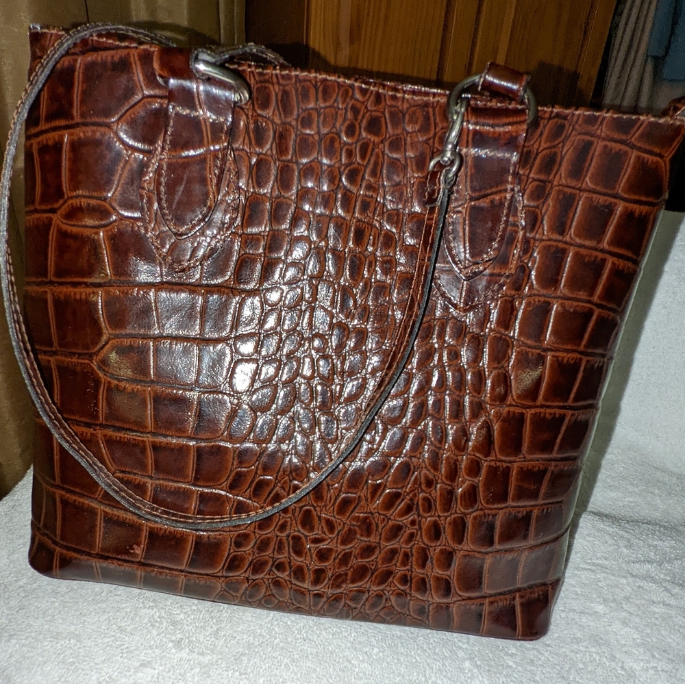 Brown croc embossed leather shoulder bag. Made in Italy.